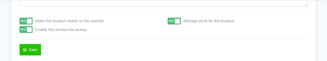 Interface section in ReadyCMS for configuring individual store location settings, showing toggle switches for visibility on the website, pickup availability, and stock management, along with a green Save button.