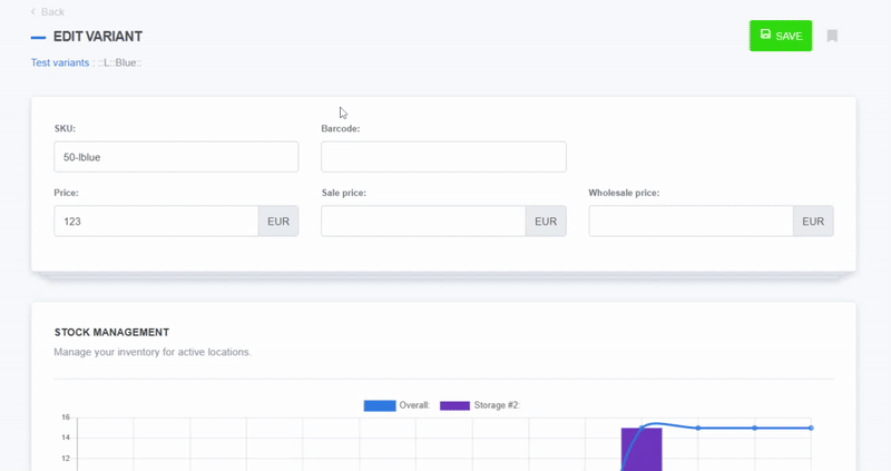 Editing a product variant in ReadyCMS, displaying fields for SKU, price, sale price, wholesale price, and barcode, followed by a stock management section with a chart showing inventory levels across multiple storage locations.