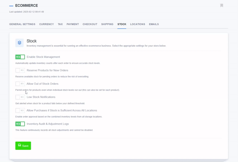 Animated screen recording of the ReadyCMS global stock settings interface, showing various inventory management options including toggles for enabling stock management, allowing out-of-stock orders, low stock notifications, and inventory audit logging, followed by saving the changes.