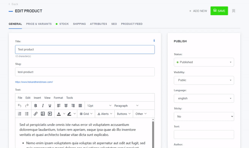 User editing a product in ReadyCMS and navigating to the 'Stock' tab to view a graph of inventory levels across multiple storage locations over time.