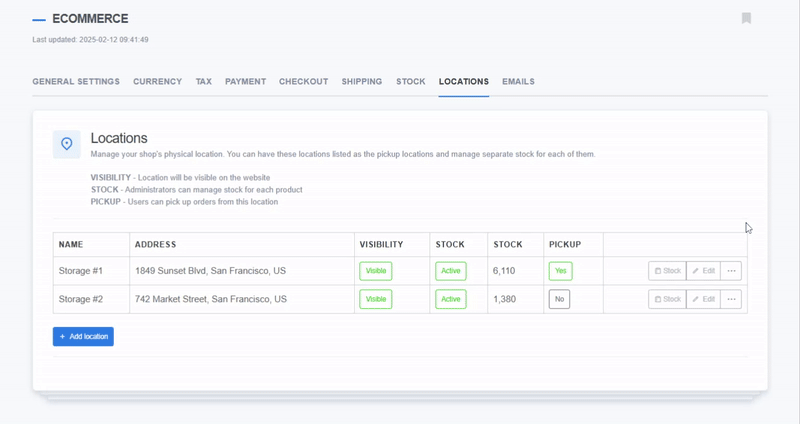 Animated view of the ReadyCMS eCommerce locations settings page showing multiple warehouse addresses with options to set visibility, stock status, stock quantity, and pickup availability. A user scrolls to view location settings and stock controls.