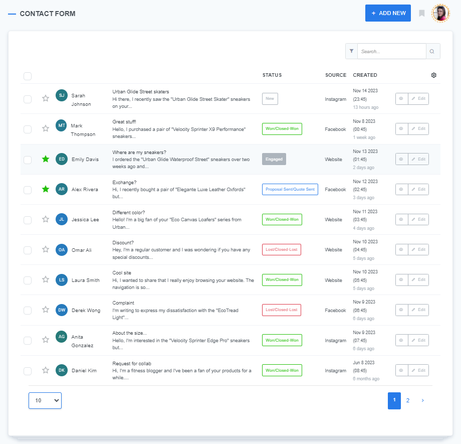 Screenshot of ReadyCMS's Leads page displaying a user-friendly dashboard with a list of contacts on the left. Each contact is identified by initials, with associated messages and a star feature for prioritization. On the right, columns for status, source, and creation date provide a quick overview of lead activity.