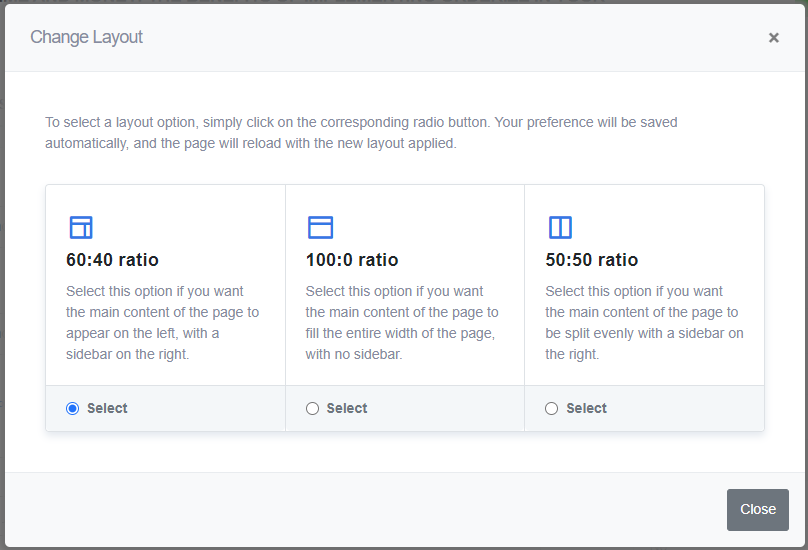 ReadyCMS Change layout feature window with 3 layout options.