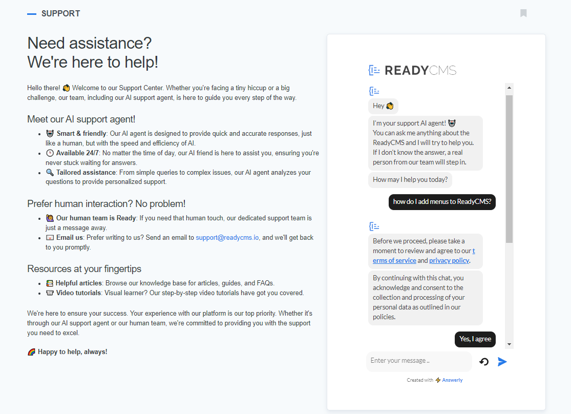 ReadyCMS AI assistant support page