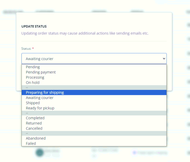 ReadyCMS the list of order statuses with both old and new