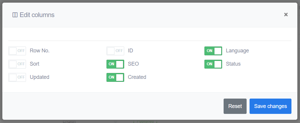 ReadyCMS Edit columns window with new row numbers option.