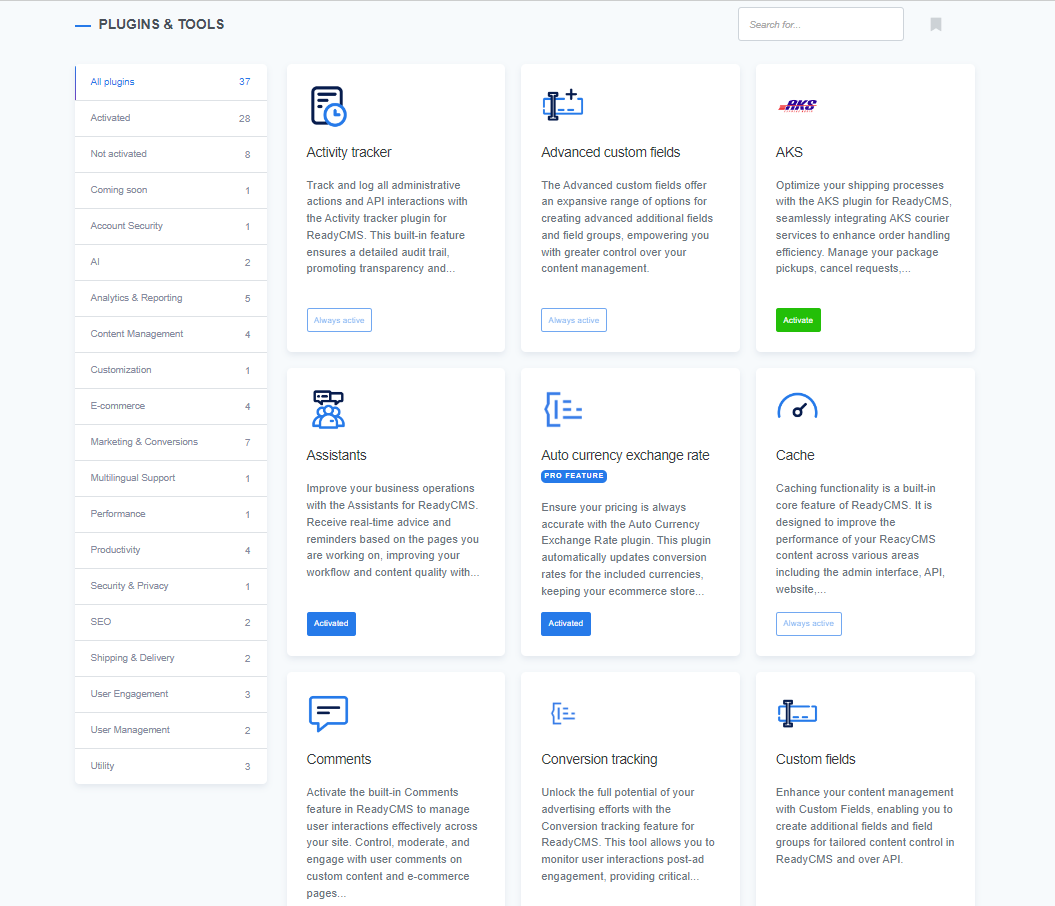 ReadyCMS Plugins and Tools page with a sidebar on the left listing categories such as All plugins, Activated, Not activated, Coming soon, Account Security, AI, Analytics & Reporting, Content Management, Customization, E-commerce, Marketing & Conversions, Multilingual Support, Performance, Productivity, Security & Privacy, SEO, Shipping & Delivery, User Engagement, User Management, and Utility. The main area displays various plugins like Activity tracker, Advanced custom fields, AKS, Assistants, Auto currency exchange rate, Cache, Comments, Conversion tracking, and Custom fields with status indicators and brief descriptions.