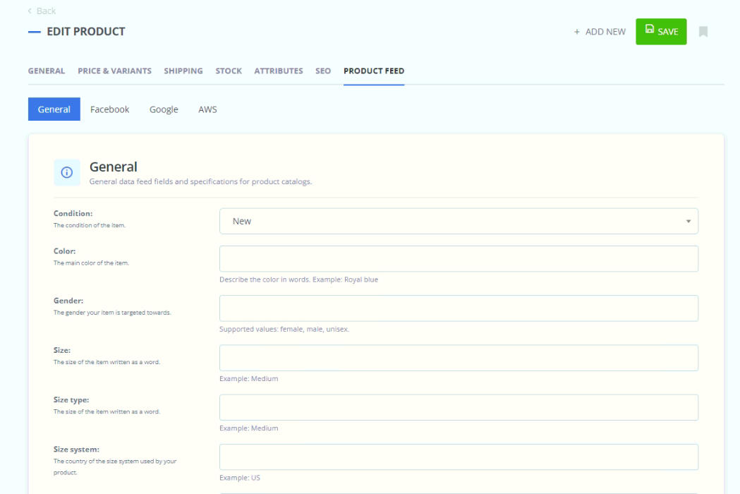 Screenshot of the 'Edit Product' interface in ReadyCMS, showing the 'Product Feed' tab with fields for entering product details such as Condition, Color, Gender, Size, Size Type, and Size System. Each field includes a brief description or example, like 'New' for Condition and 'Royal blue' for Color example.