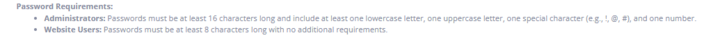Screenshot of the password requirements section for administrators and website users, highlighting minimum character requirements and character types.