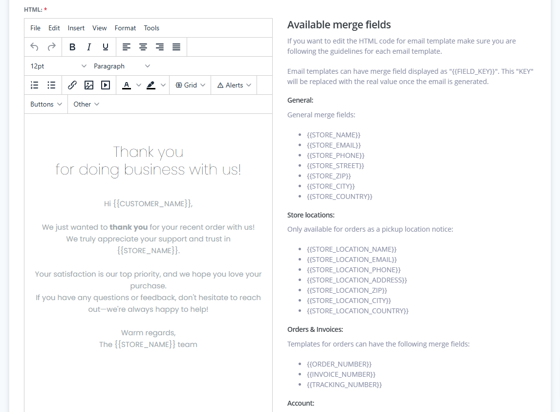 ReadyCMS Email Template interface showing a structured layout for customizing email templates, including editable sections for header, body, and footer content.