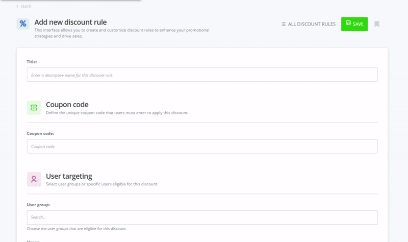 Animated GIF showing the process of adding a new discount rule in ReadyCMS. The interface includes fields for entering a discount rule title, setting a coupon code, and selecting user targeting options such as user groups eligible for the discount. A green "Save" button is visible in the top right corner.