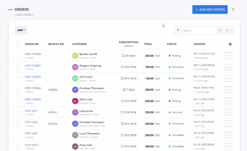 GIF showing the order management list view in ReadyCMS with details such as order number, customer name, subscription type, order total, status, and creation date.