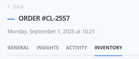 ReadyCMS order details page showing order #CL-2557 created on September 1, 2025, with navigation tabs for General, Insights, Activity, and Inventory.