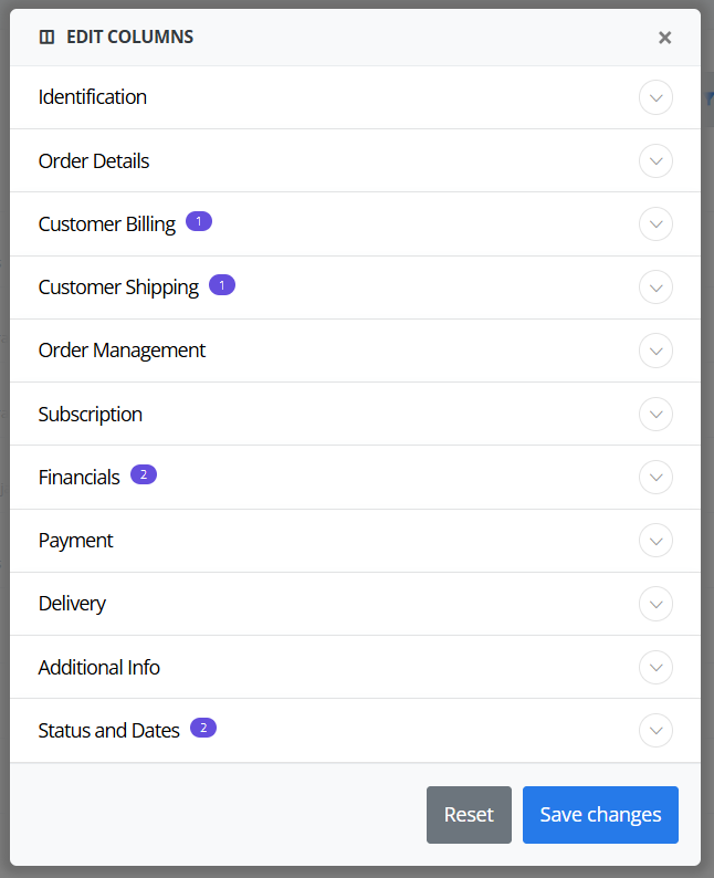 ReadyCMS Edit Columns panel displaying grouped column categories such as Identification, Order Details, Customer Billing, Customer Shipping, Order Management, Subscription, Financials, Payment, Delivery, Additional Info, and Status and Dates, with indicators showing how many fields are selected in each group.