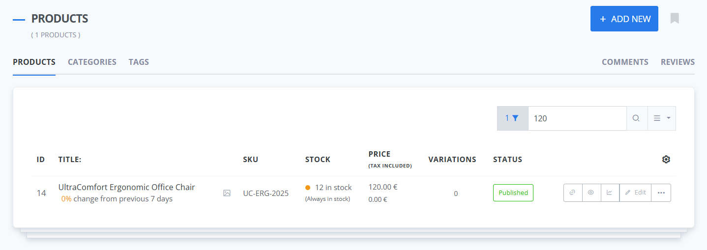 ReadyCMS Products page showing a single product, ‘UltraComfort Ergonomic Office Chair,’ with details including ID, title, SKU (UC-ERG-2025), stock level of 12 items, price of €120.00, zero variations, and a Published status. The page includes search and filter options, category and tag tabs, and action buttons for preview, analytics, editing, and more.