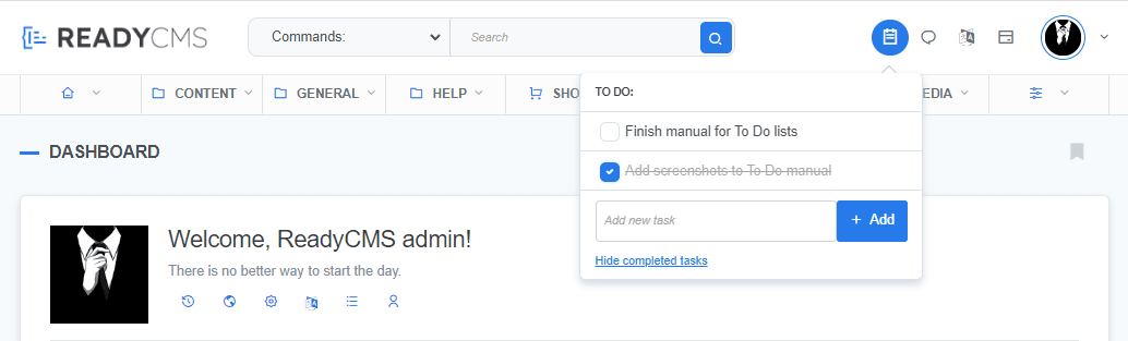 ReadyCMS To-do list feature