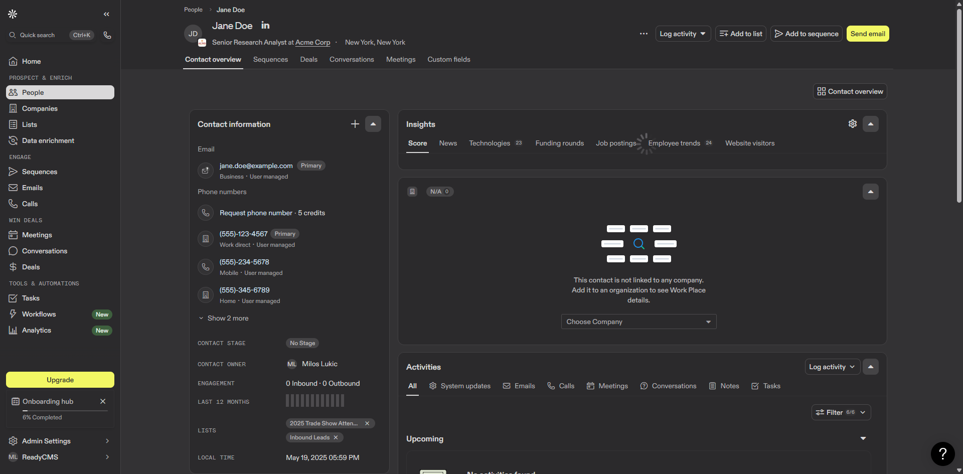 Screenshot of a contact profile in Apollo.io showing detailed information for