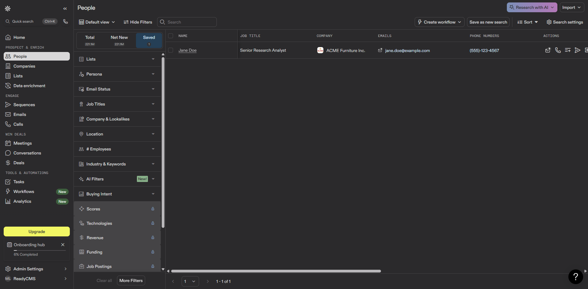 Screenshot of the People view in Apollo.io, listing saved contacts. The table displays