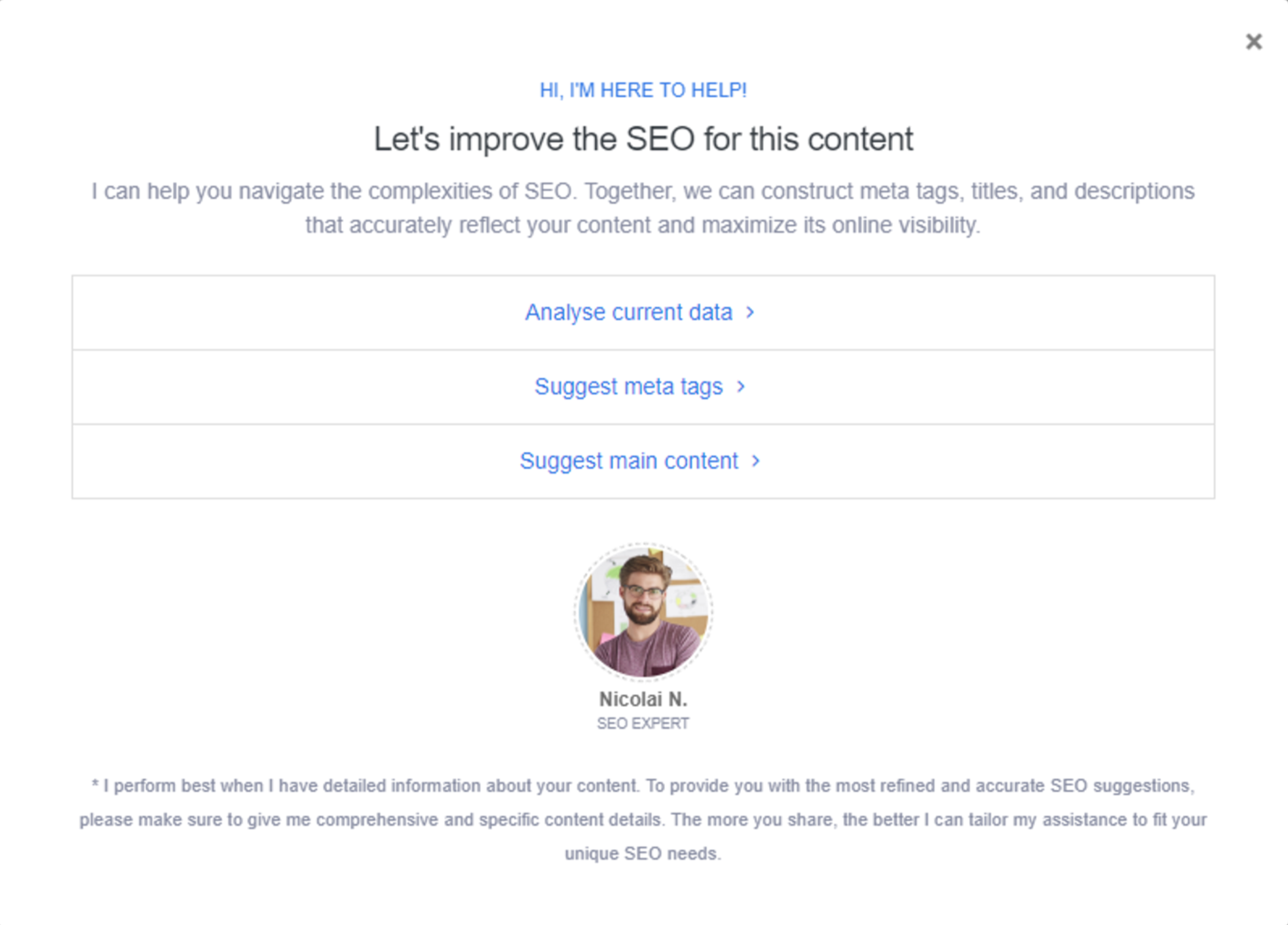 Example of Assistants options and features
