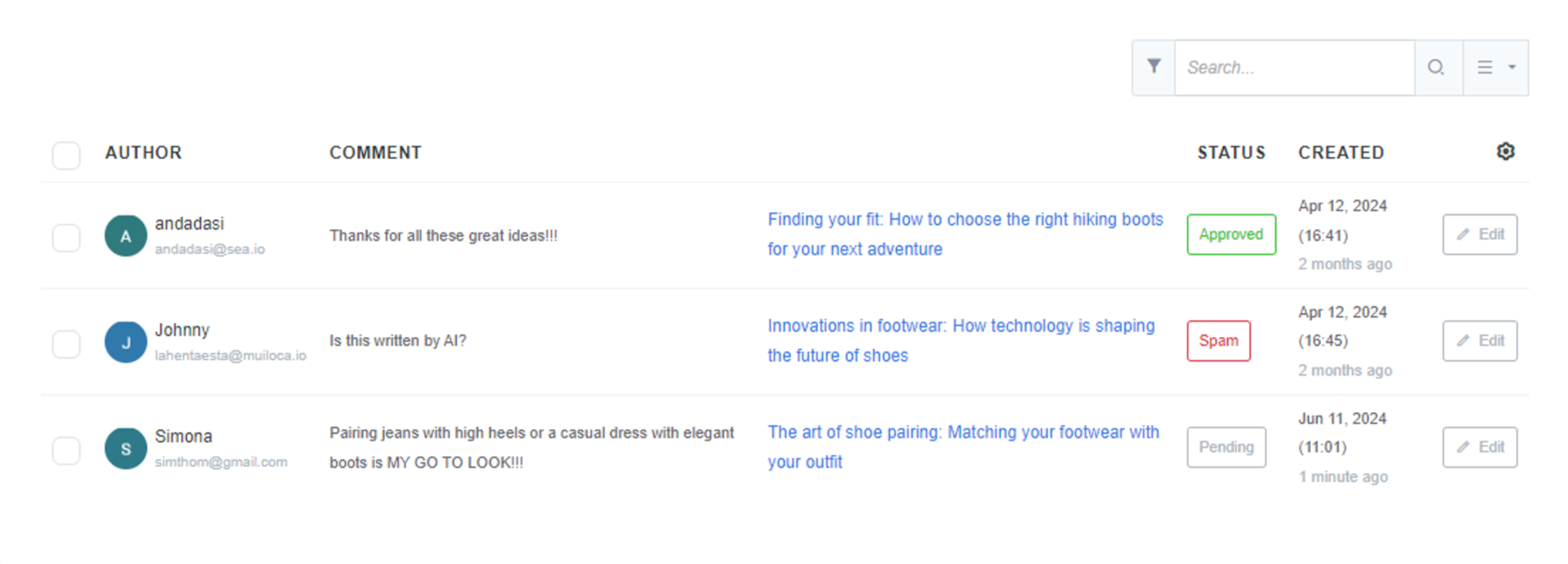 Comment admin interface