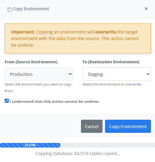 Confirmation modal in ReadyCMS for copying one environment to another, showing Production as the source and Staging as the destination. A warning indicates that the destination will be overwritten.