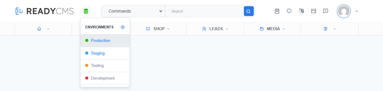 Dropdown menu in ReadyCMS interface allowing users to switch between environments: Production, Staging, Testing, and Development, each labeled with its corresponding color.