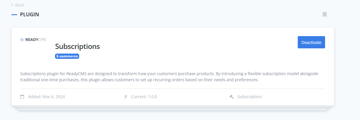 ReadyCMS Order Subscription Plugin interface showing subscription settings, including options for managing subscription intervals, customer details, and order preferences.
