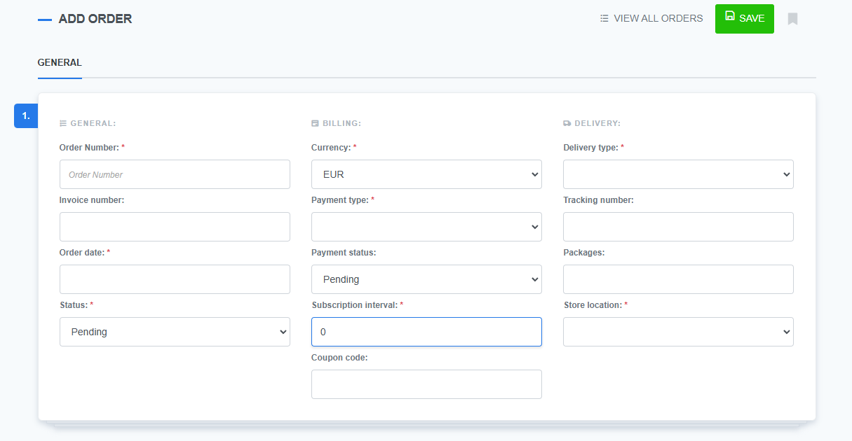 Order management screen in ReadyCMS, displaying fields for order details including order number, status, payment type, delivery type, tracking number, and subscription interval.