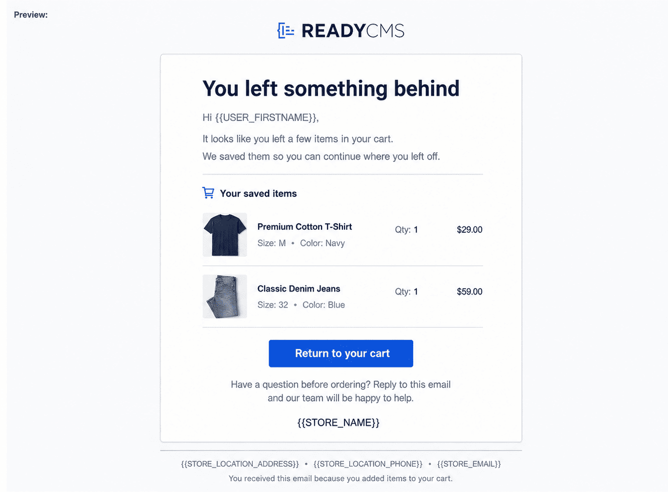 Example first abandoned cart email with saved products and return-to-cart call to action
