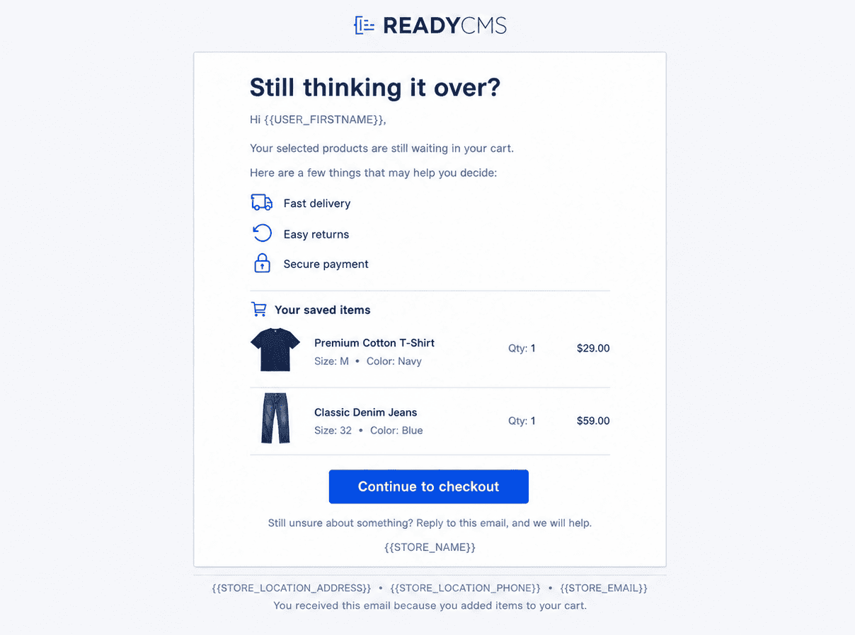 Example second abandoned cart email addressing customer questions and purchase concerns