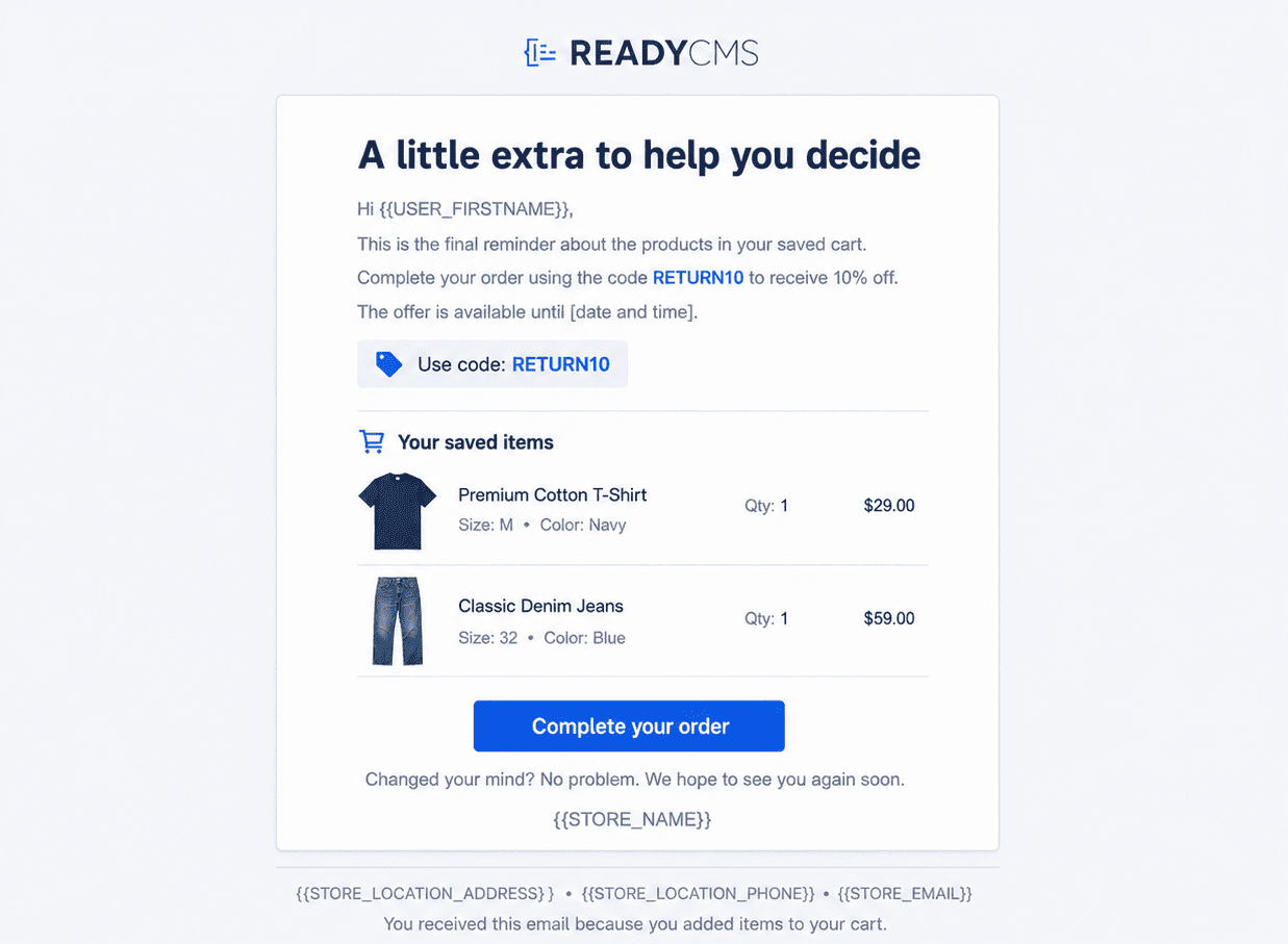 Example final abandoned cart email with a clear incentive and complete-order button