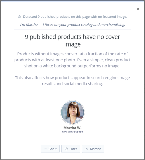 ReadyCMS security Assistant displaying a security recommendation