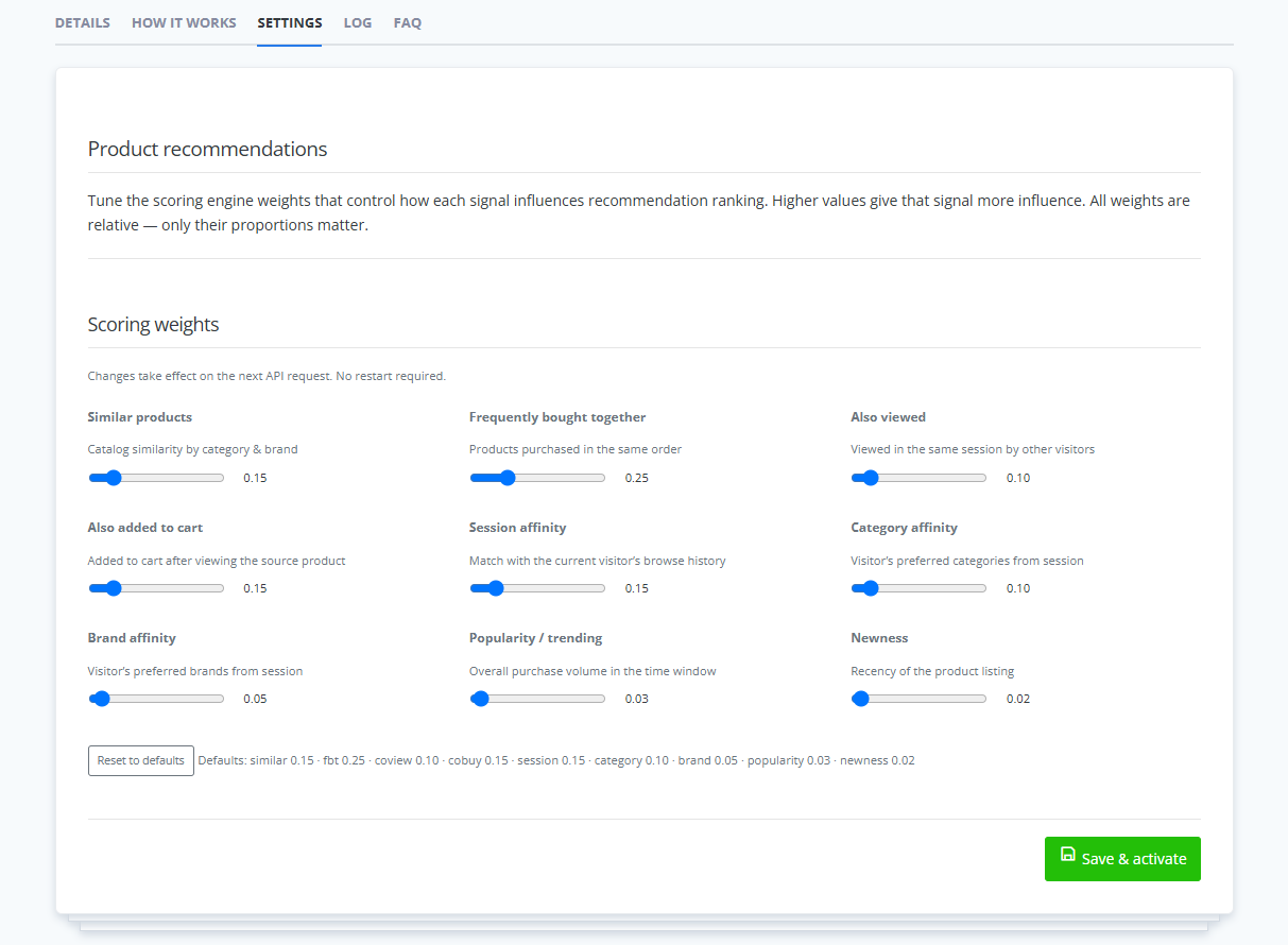 ReadyCMS Product recommendations settings for behavioral and contextual recommendation data