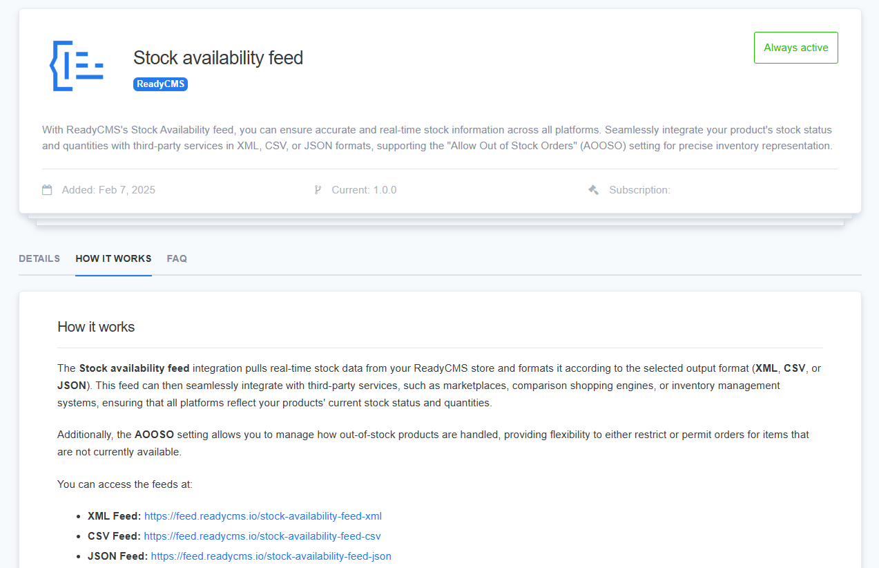The Stock Availability Feed plugin page in ReadyCMS, detailing how it integrates real-time stock updates across platforms using XML, CSV, and JSON formats.