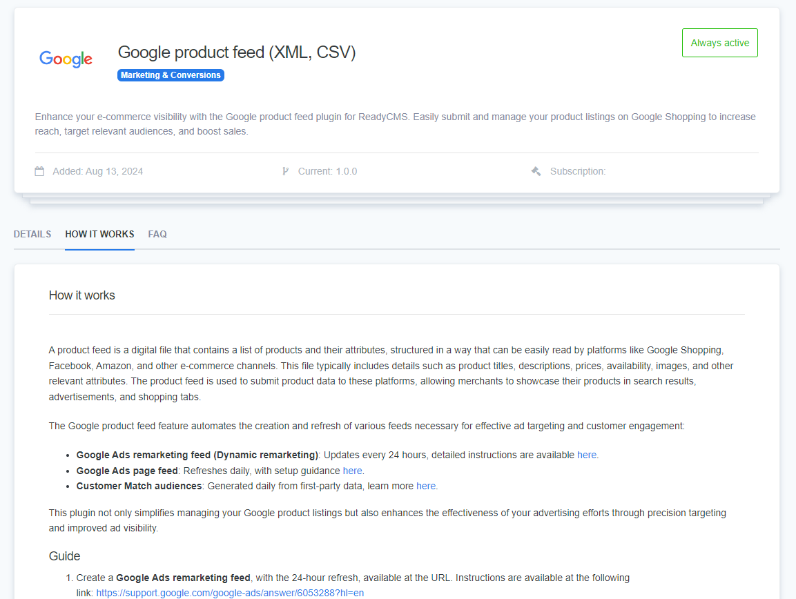 Screenshot showing the Google Product Feed plugin interface on ReadyCMS, highlighting the product feed's features and benefits for enhancing e-commerce visibility on Google Shopping.