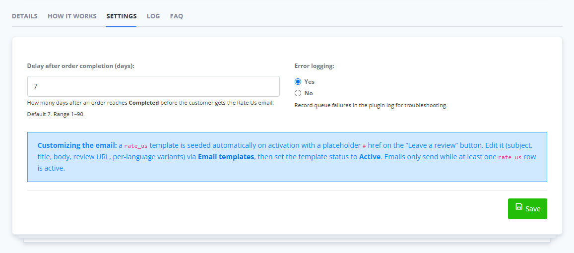 ReadyCMS Rate us email reminder setup with configurable delay and email template