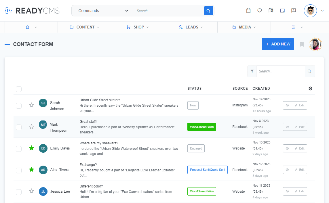 Screenshot of ReadyCMS's Leads page displaying a user-friendly dashboard with a list of contacts on the left. Each contact is identified by initials, with associated messages and a star feature for prioritization. On the right, columns for status, source, and creation date provide a quick overview of lead activity.