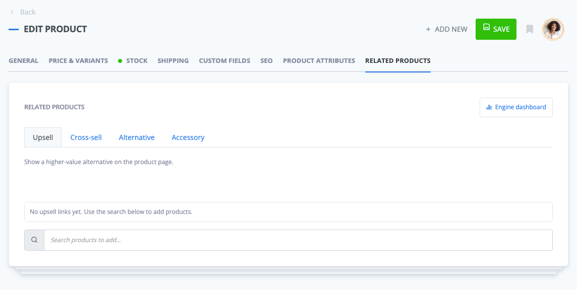 Related products tab in ReadyCMS with Upsell, Cross-sell, Alternative and Accessory relationships