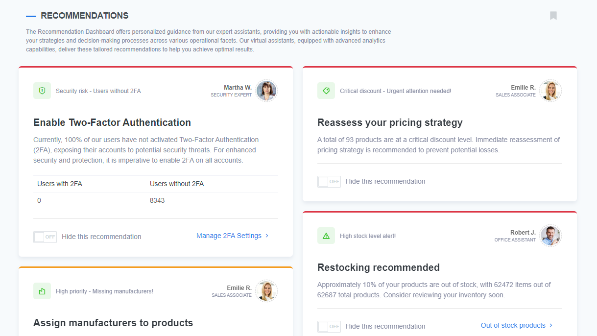 ReadyCMS Recommendation dashboard with example cards