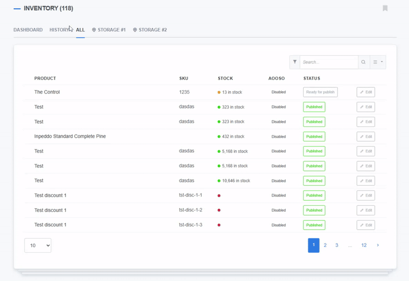 Animated view of the inventory history section in ReadyCMS showing a list of products with stock quantities, SKUs, stock status indicators, and publishing statuses across multiple pages.