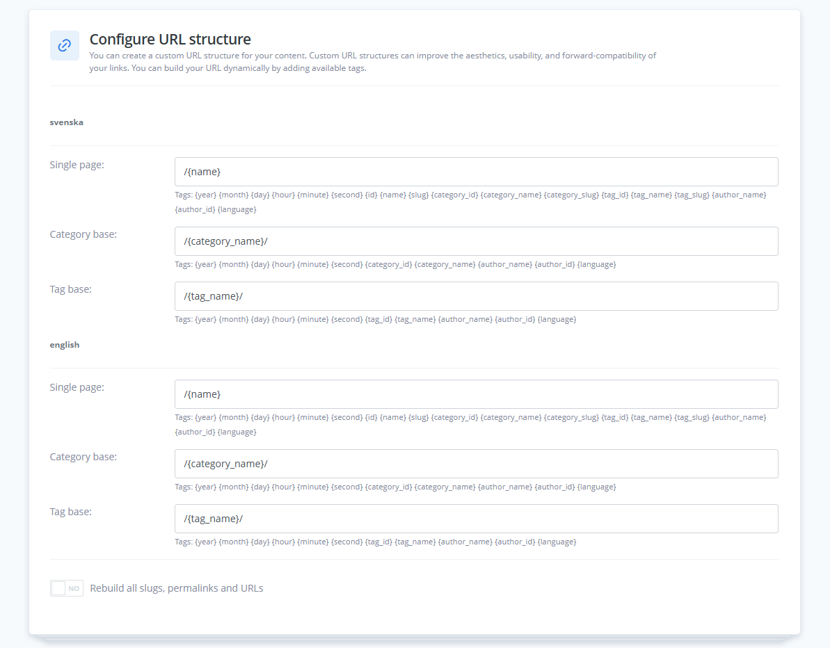 ReadyCMS URL structure configuration interface showing customizable fields for single page, category base, and tag base in multiple languages, including tag options like name, slug, and category ID.