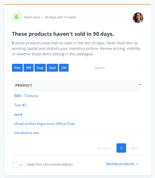 ReadyCMS Recommendations commerce check showing a store issue that needs review