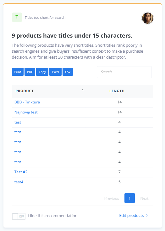 ReadyCMS Recommendations product quality check identifying catalog data that needs attention