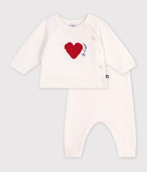 Pleteni komplet za bebe sa srcem od kombinacije vune i pamuka