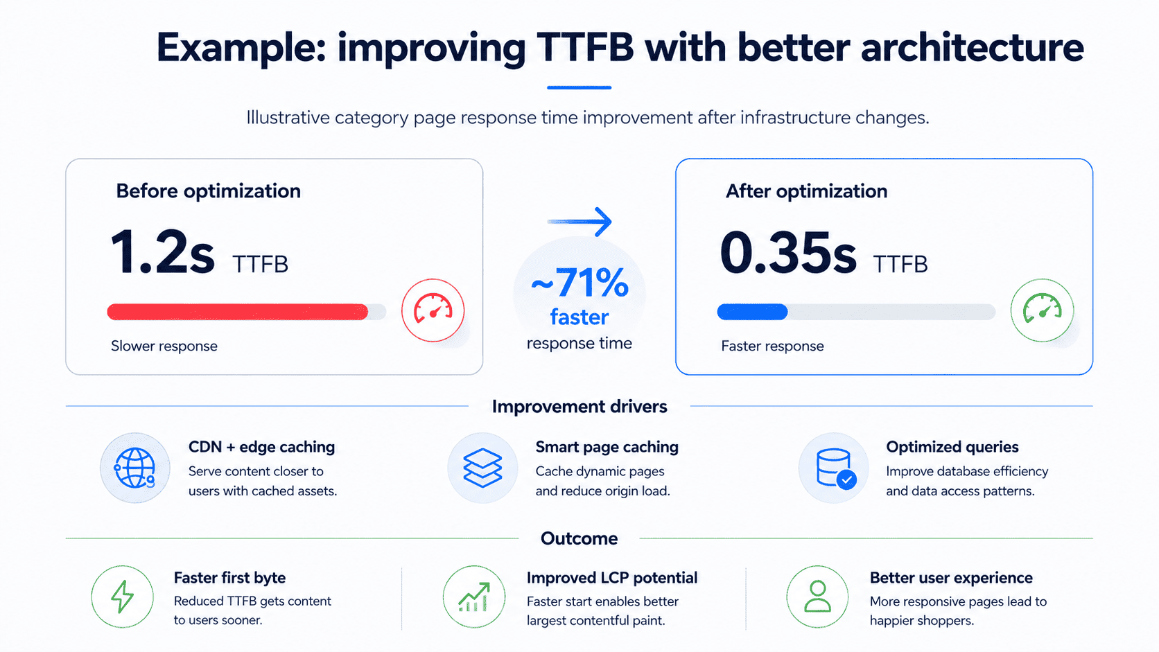 Before-and-after comparison showing category page TTFB improving from 1.2 seconds to 0.35 seconds through CDN caching, page caching, and optimized queries.