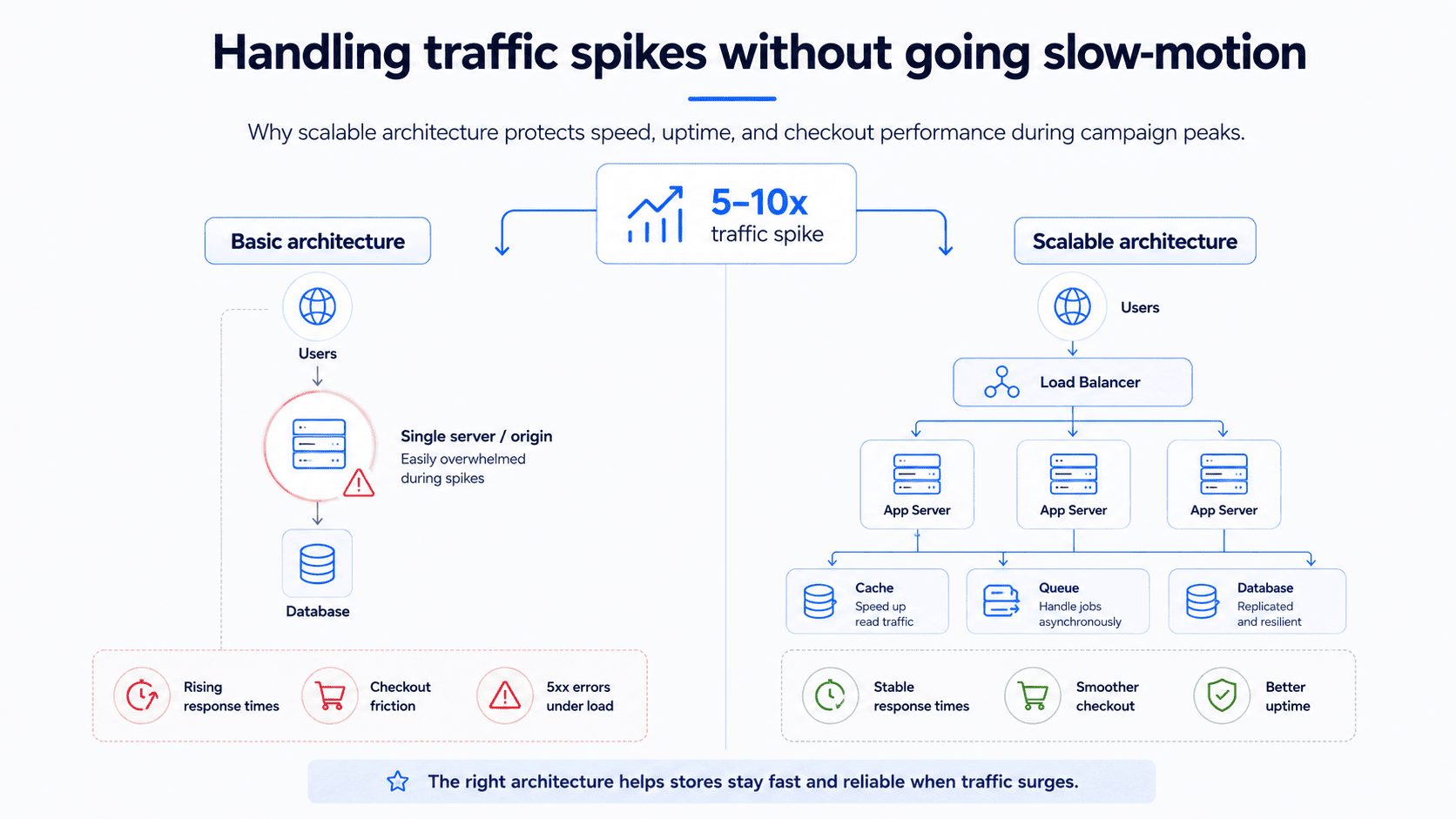 Comparison of basic and scalable server architecture showing how load balancing, multiple app servers, caching, queues, and databases help maintain performance during traffic spikes.