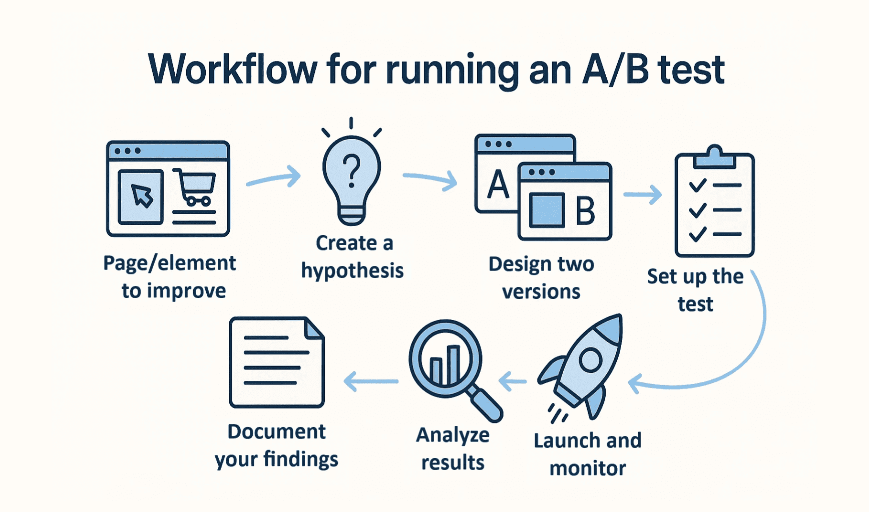 Workflow for an e-commerce A/B test, from identifying a customer problem and creating a hypothesis to launching the experiment, analysing results, and documenting the findings.